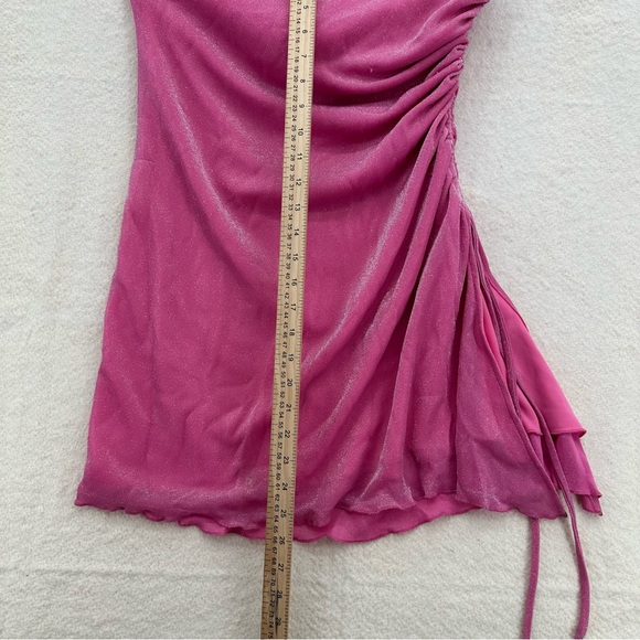 Coquette Whimsical Princess Polly Hot Pink Glitter Ruched Strapless Mini Dress - Picture 5 of 6